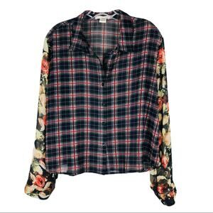 Sans Souci black red floral plaid sheer button grunge preppy top large